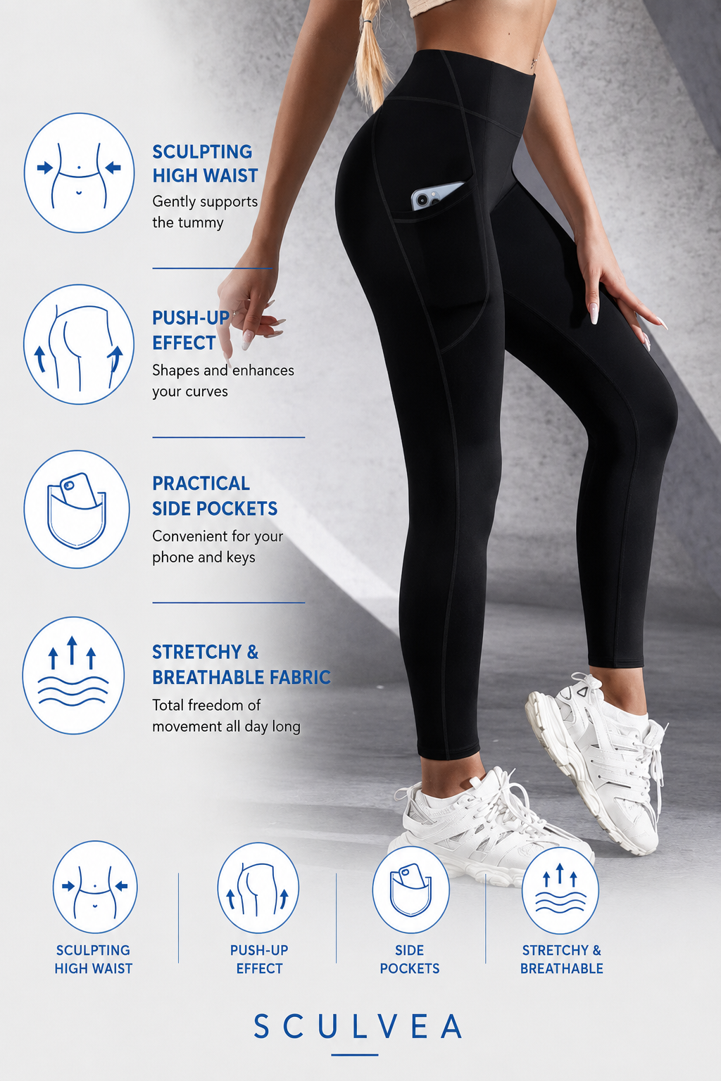 Sculvea High-Waisted Solid Leggings with Pockets