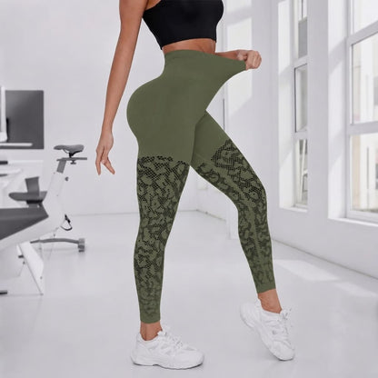 Sculvea seamless mesh leggings - olive green - ventilated mesh panel detail