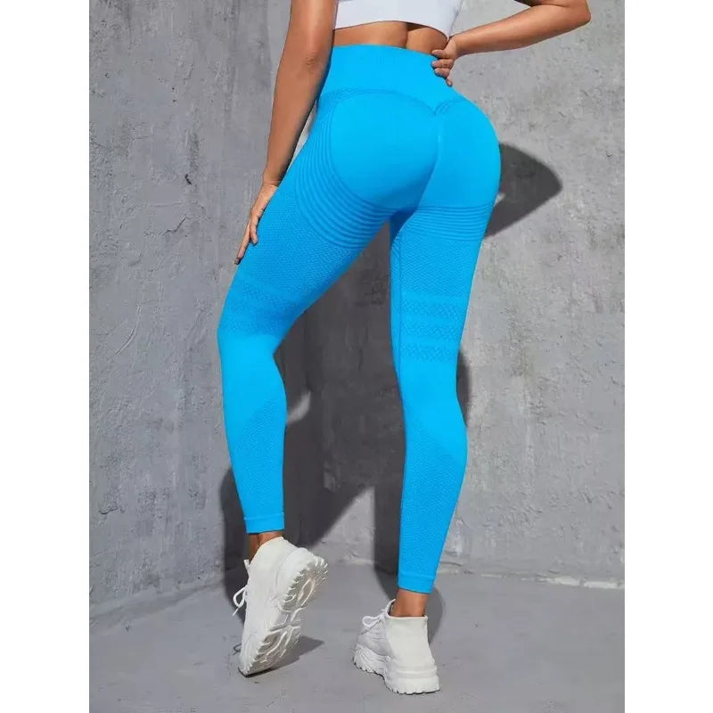 Sculvea 3D sculpting seamless high-waisted leggings - turquoise blue - standing back view