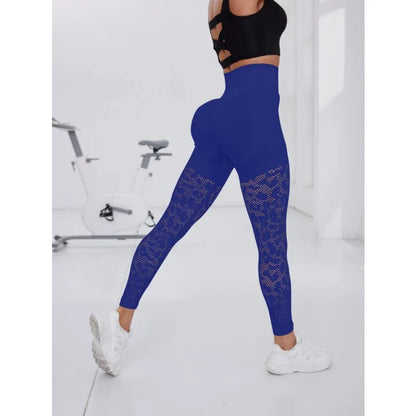 Sculvea seamless mesh leggings - indigo blue - side view, in motion