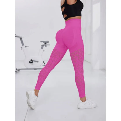 Sculvea seamless mesh leggings - fuchsia pink - side view, in motion