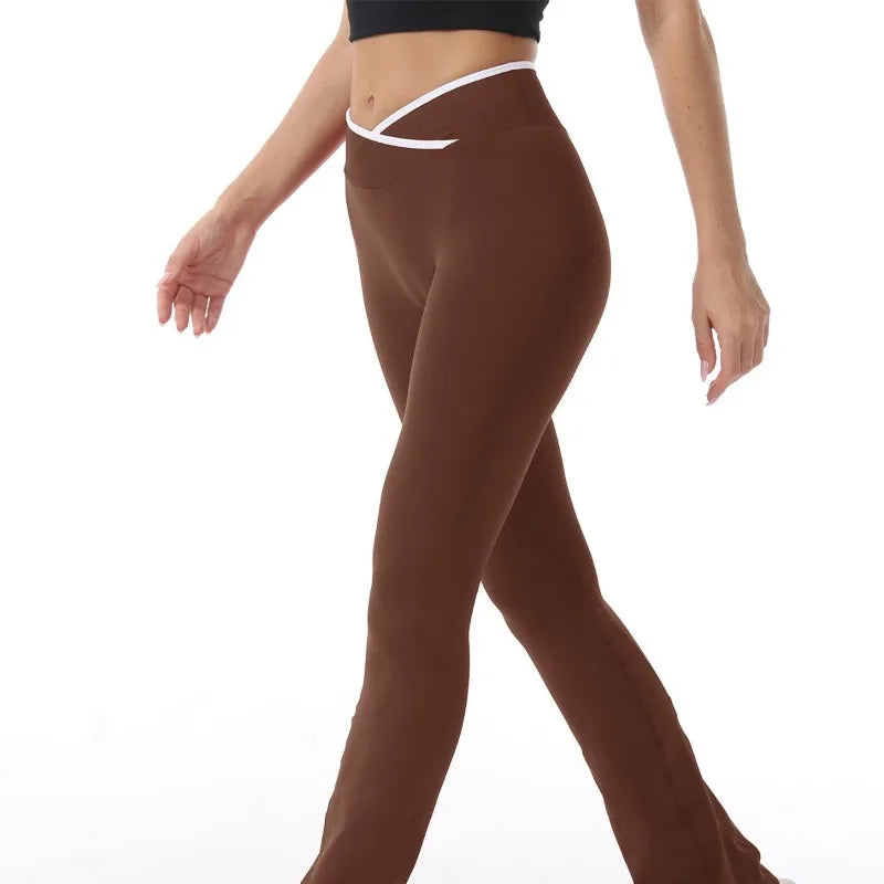 Sculvea push-up flare leggings - brown - side view, walking
