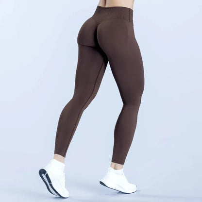 Sculvea seamless push-up yoga leggings - brown - back view, walking