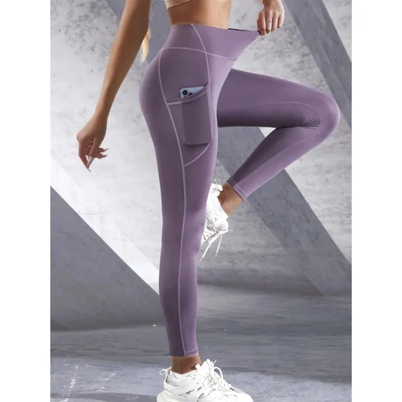 Sculvea high-waisted solid leggings with pockets - mauve - side pocket detail