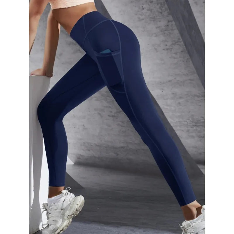 Sculvea high-waisted solid leggings with pockets - navy blue - side pocket detail