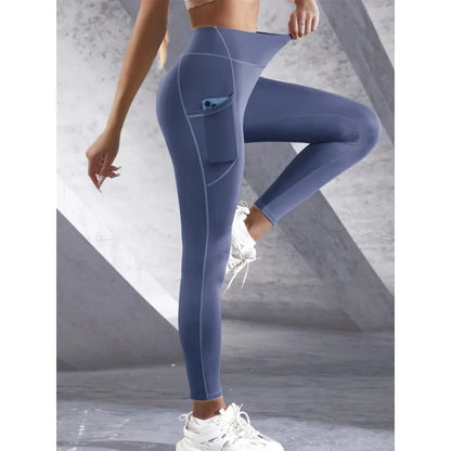 Sculvea high-waisted solid leggings with pockets - blue gray - side pocket detail